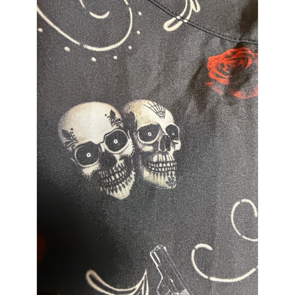 Retro Rifle Skull Rose Graphic Short Sleeve Button Up Shirt 2XL-974 - Picture 6 of 8